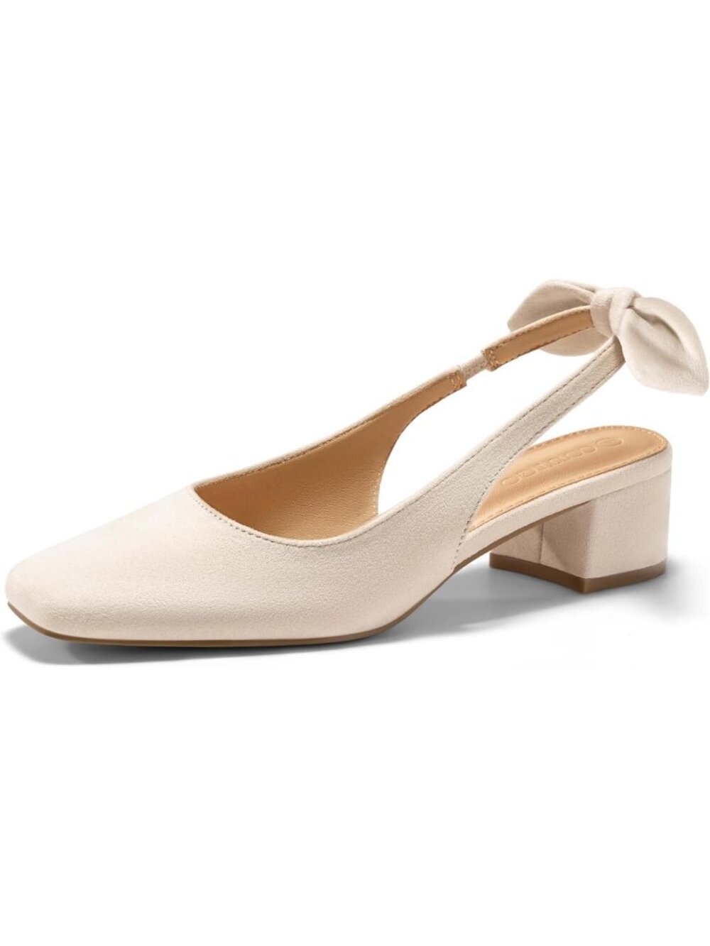 Women's Nude Faux Suede Chunky Low Heels Bow Slingback Closed Square Toe Pumps